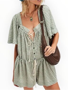 NWT Free People County Line Plaid Romper in Green & White Plaid Size Medium NEW